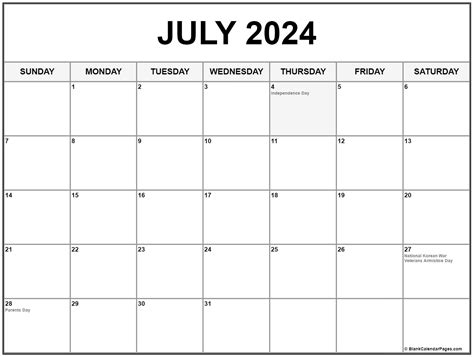 July 2024 Calendar With Holidays Printable