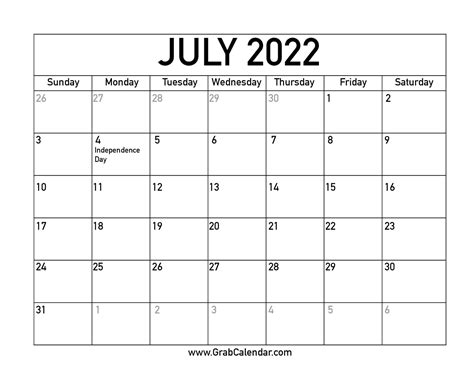 july 2022 printable calendar with us holidays