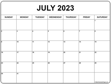 july 2023 calendar page blank