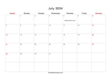 july 2024 calendar printable editable