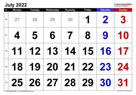 july calendar 2022 printable excel