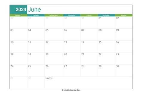 June Editable Calendar 2024