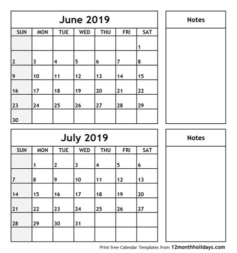 june july 2019 calendar