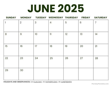 June 2025 Calendar Template for Easy Planning