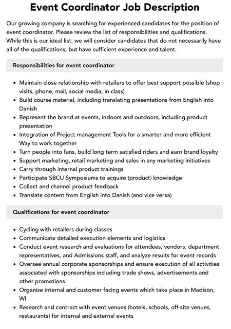 Junior Event Coordinator Job Description