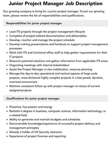 junior project manager job description uk