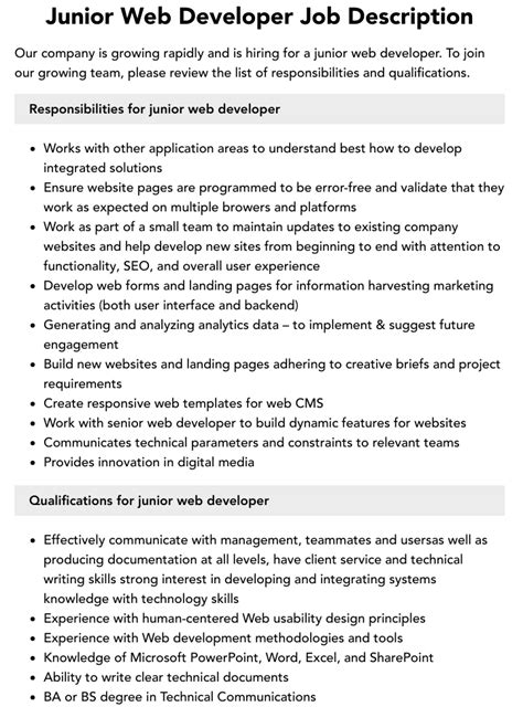 junior web developer responsibilities