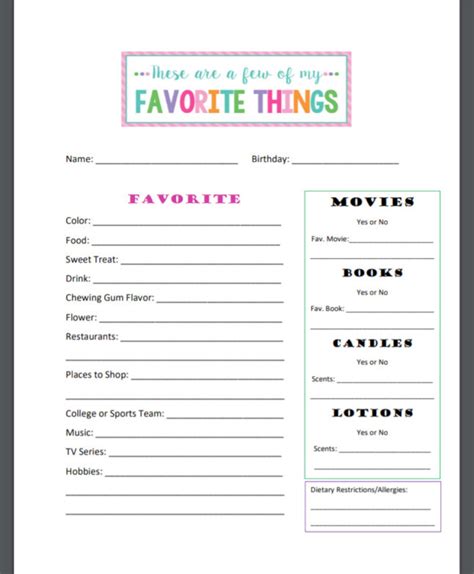 Just A Few Of Your Favorite Things Printable
