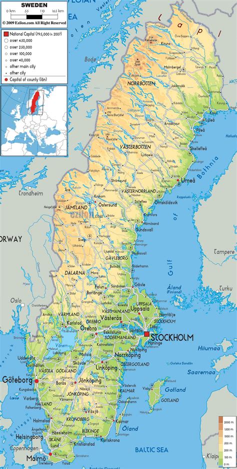 Large physical map of Sweden with roads, cities and airports Sweden