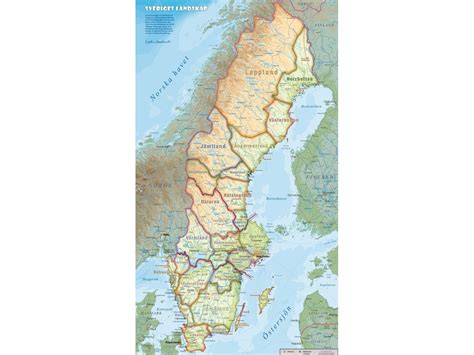 Large physical map of Sweden with roads, cities and airports Sweden