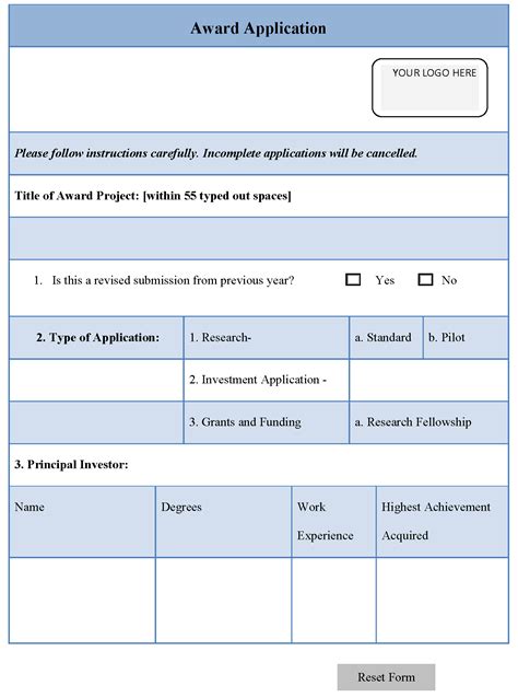 k01 award application form template