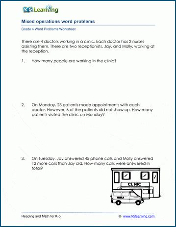 K5 Learning Grade 4 Math Word Problems Worksheet