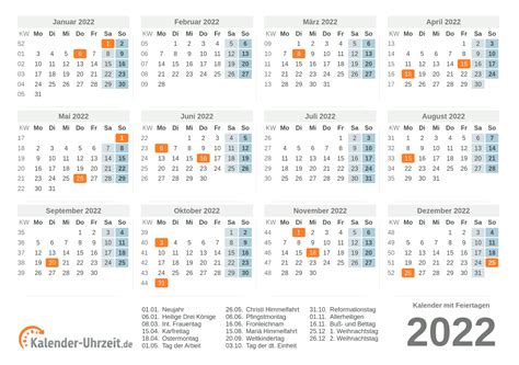 Kalender 2022 mit Kalenderwochen und Feiertagen in
