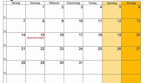 August 2023 Kalender mit Feiertagen