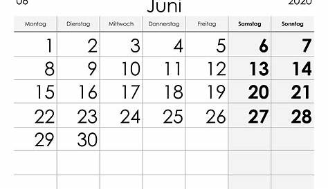 Kalender Juni 2020 als Excel-Vorlagen