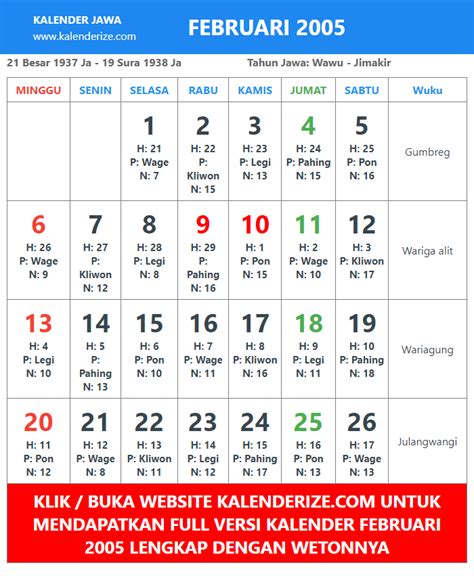 kalender 2005 februari