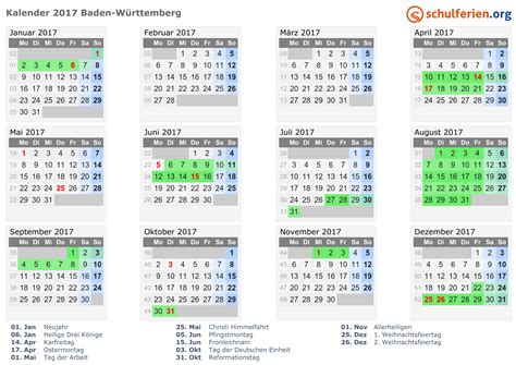 kalender 2017 mit feiertagen bw