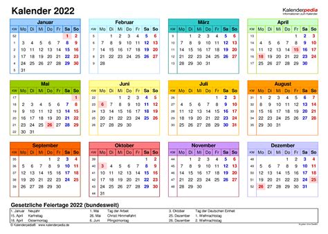 kalender 2022 excel mit feiertagen