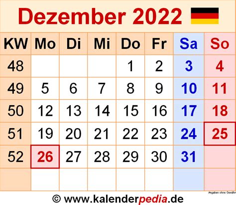 kalender dezember 2022 mit feiertagen