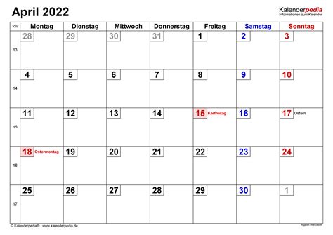 Kalender April 2022 Deutschland