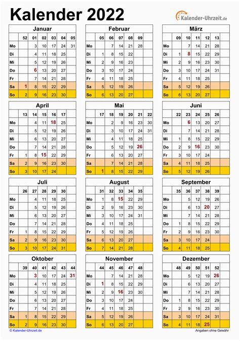 Kalender 2022 mit Kalenderwochen und Feiertagen in