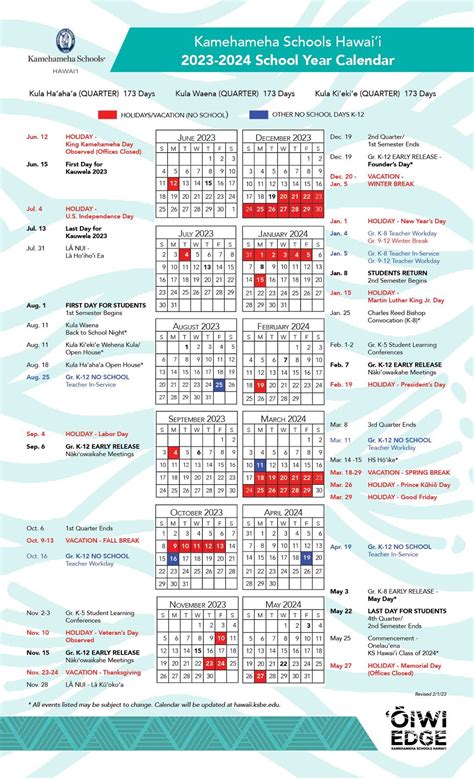 Kamehameha Schools Calendar 2024-25