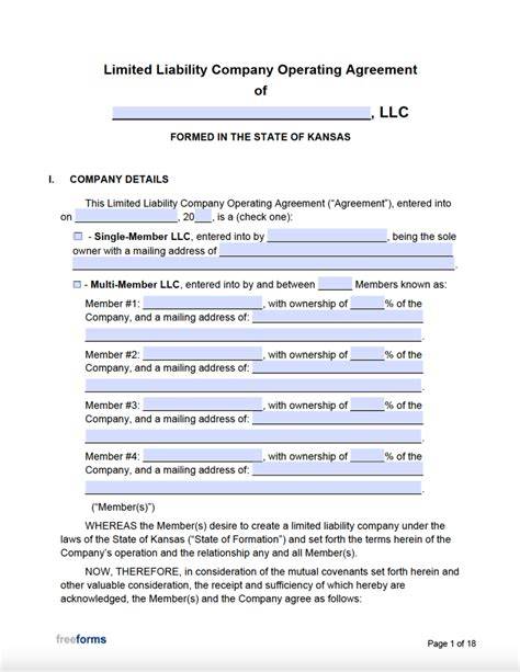 Free Kansas LLC Operating Agreement Templates PDF Word eForms