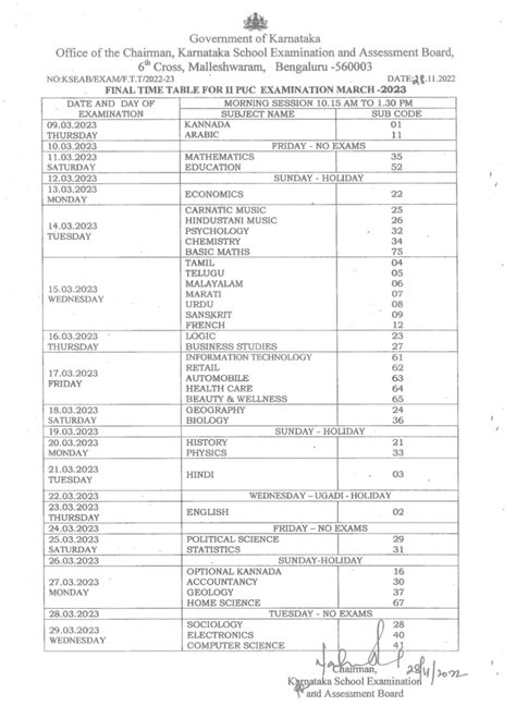 karnataka 2nd puc exam time table 2023