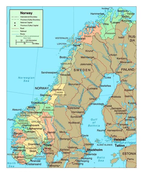 Large detailed political and administrative map of Norway with cities