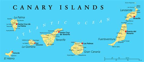 Islas Canarias Mapa político con Lanzarote, Fuerteventura, Gran Canaria