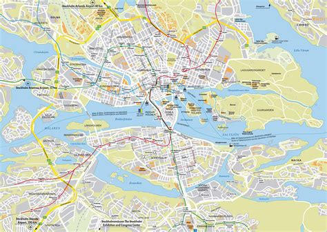 Large detailed road map of Stockholm city center with buildings