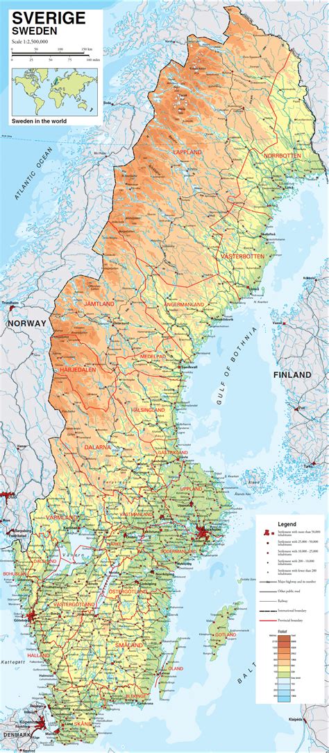 Large detailed physical map of Sweden with all roads, cities and