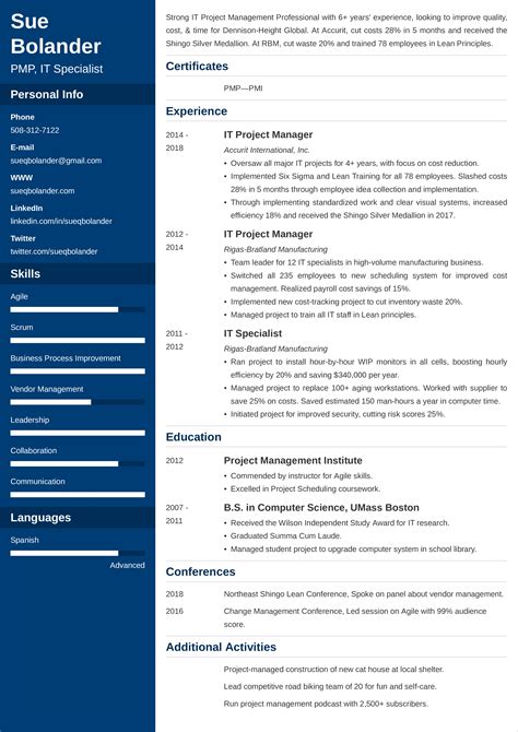 key skills for project manager cv