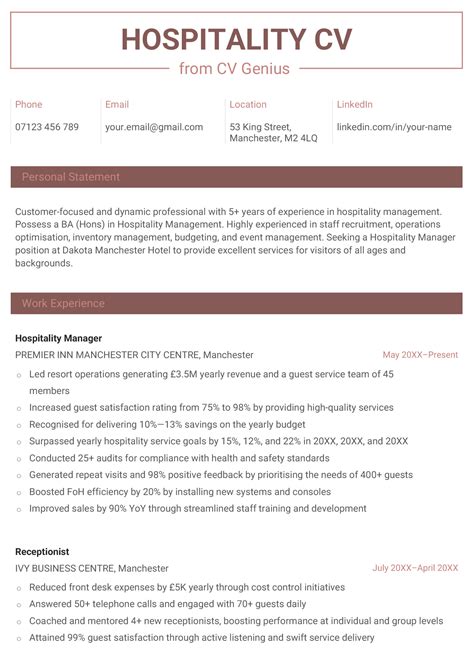 key words for hospitality cv