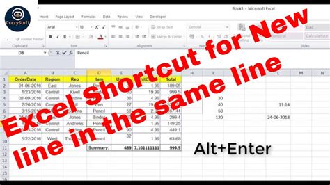 keyboard shortcut for new line in excel