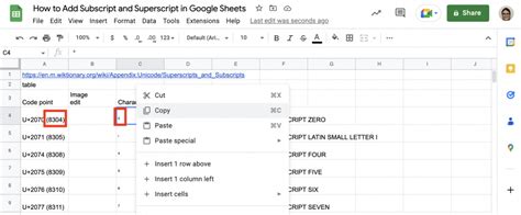 keyboard shortcut for subscript google sheets