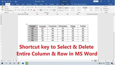 keyboard shortcut to delete row in word table