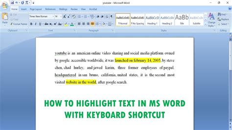 keyboard shortcut to highlight text yellow in word