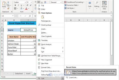 keyboard shortcut to open link in excel