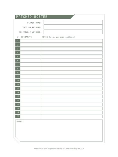 Kill Team Organized Play Roster Printable