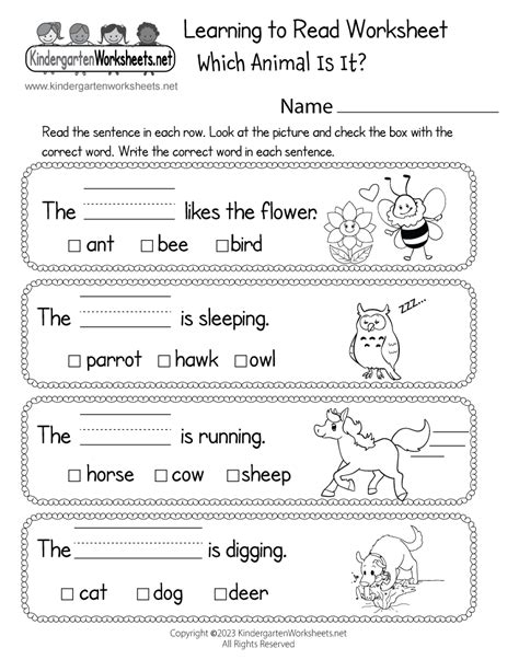 Kindergarten Worksheets Learning To Read