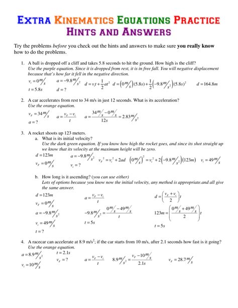 kinematics practice problems worksheet with answers