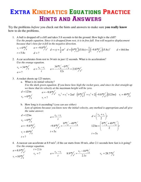 kinematics worksheet 2 answers