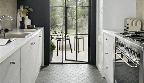 Herringbone tile pattern grey Galley kitchen design, Kitchen floor
