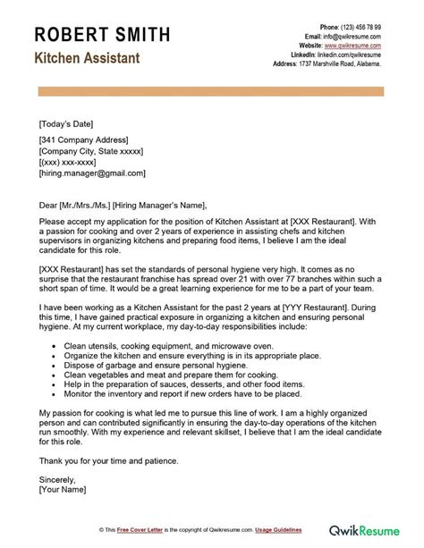 Kitchen Assistant Application Letter