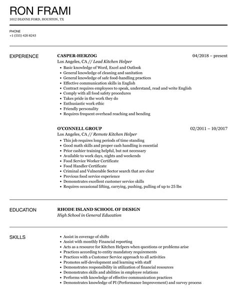 kitchen helper job description for resume