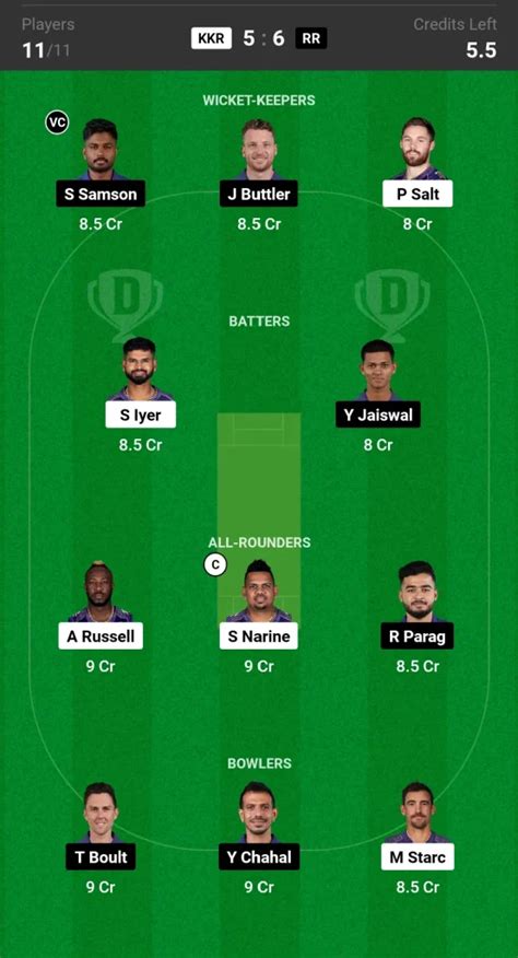 kkr vs rr dream11 prediction today match