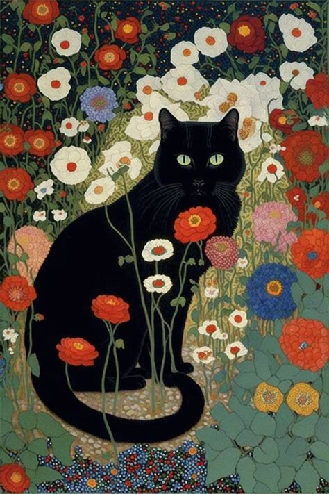 klimt black cat in a garden art print