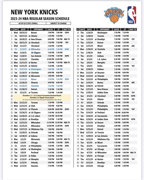 knicks 2024 schedule with channel included