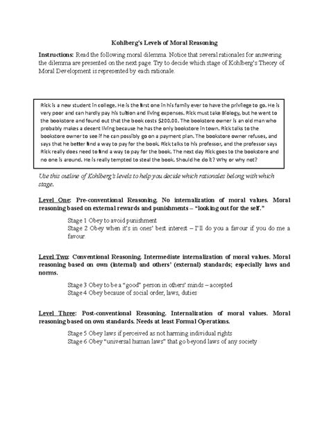 Kohlberg's Theory Of Moral Development Worksheet Answer Key